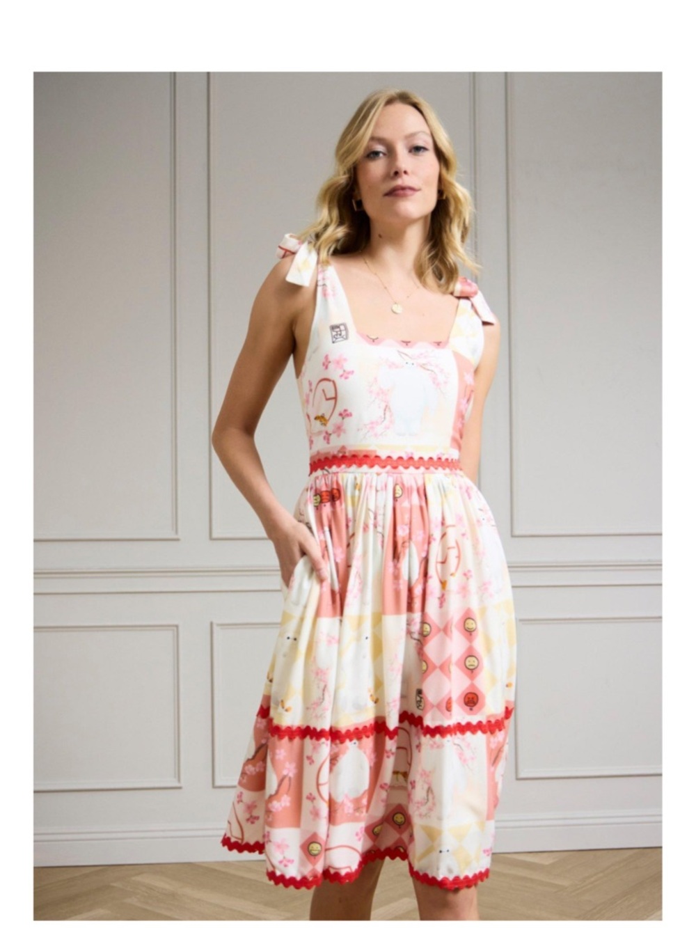 Baymax BoxLunch Pink and Cream Tie-Shoulder Midi Dress with Patchwork Print